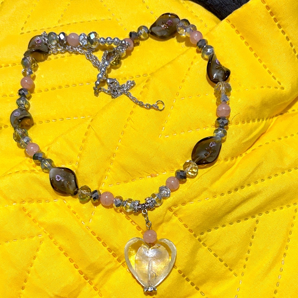 Handmade Pink and Smoky Bead Heart Pendant Necklace - Women Jewelry